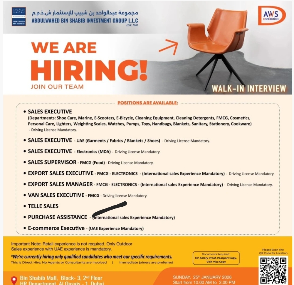 Abdulwahed bin shabib investment group  Is Hiring in Dubai |  Walk  – In – Interview